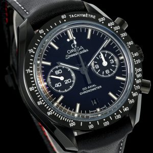 Alternative view of TVS Pioneer Edition: Omega Speedmaster Dark Side of the Moon Watch 311.92.44.51.01.004 44.25mm Co-Axial Chronograph In-house developed 9300 caliber 3 o'clock subdials display 【12-hour】 and 【60-minute】 cumulative timekeeping All functions and aesthetics meticulously crafted to replicate the original 【1-1】Movement: 9300 Dual-T Black Balance Wheel, Automatic Co-Axial Master Chronometer Chronograph Movement. Rhodium-plated movement with distinctive Arabic-style Geneva waves. Bezel: Black ceramic bezel + Super-LumiNova. Dial: Polished black ceramic. Inner rings of subdials at 3 and 9 o'clock positions treated with black coating, paired with white gold hour markers. Case:Black leather strap Crystal: Double-domed sapphire crystal Scratch-resistant Functions: Date display, Chronograph